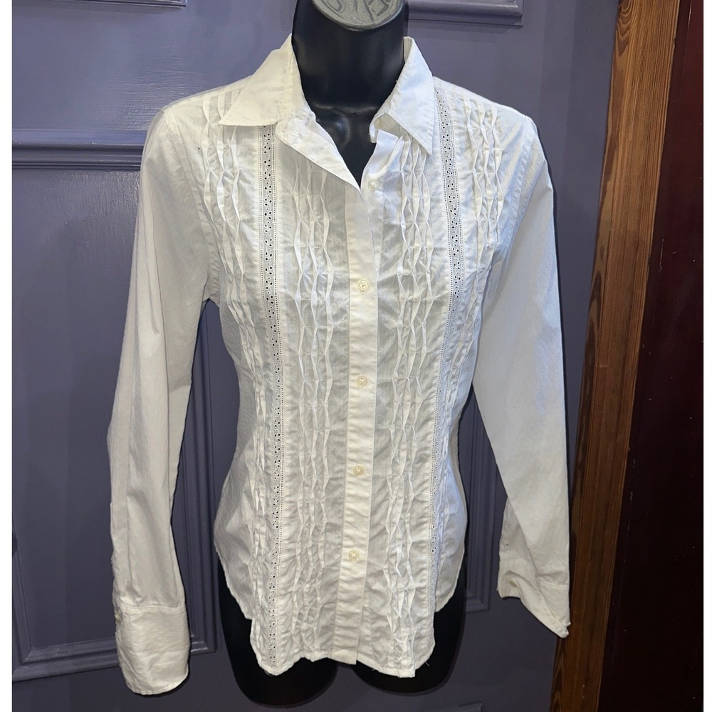 Ralph Lauren White Pintuck Eyelet Lace Cotton Button Up Vintage 90s Preppy M